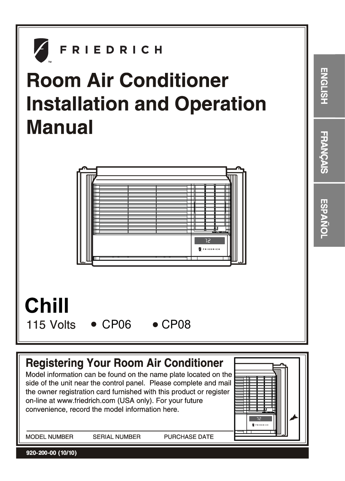 Friedrich CP08, CP06G10, CP06G10A, Room Air Conditioner User Manual