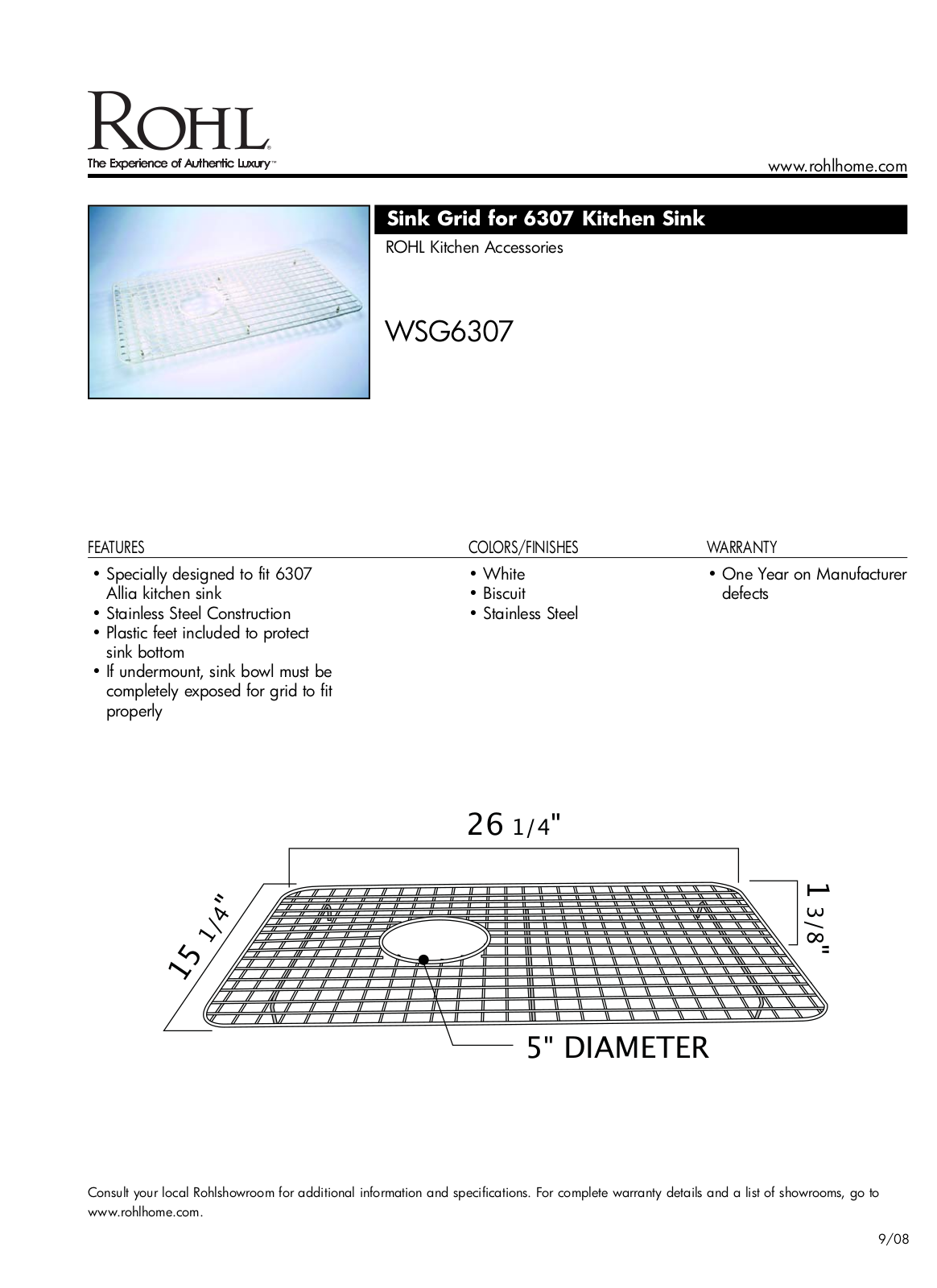 Rohl WSG6307 Specification Sheet