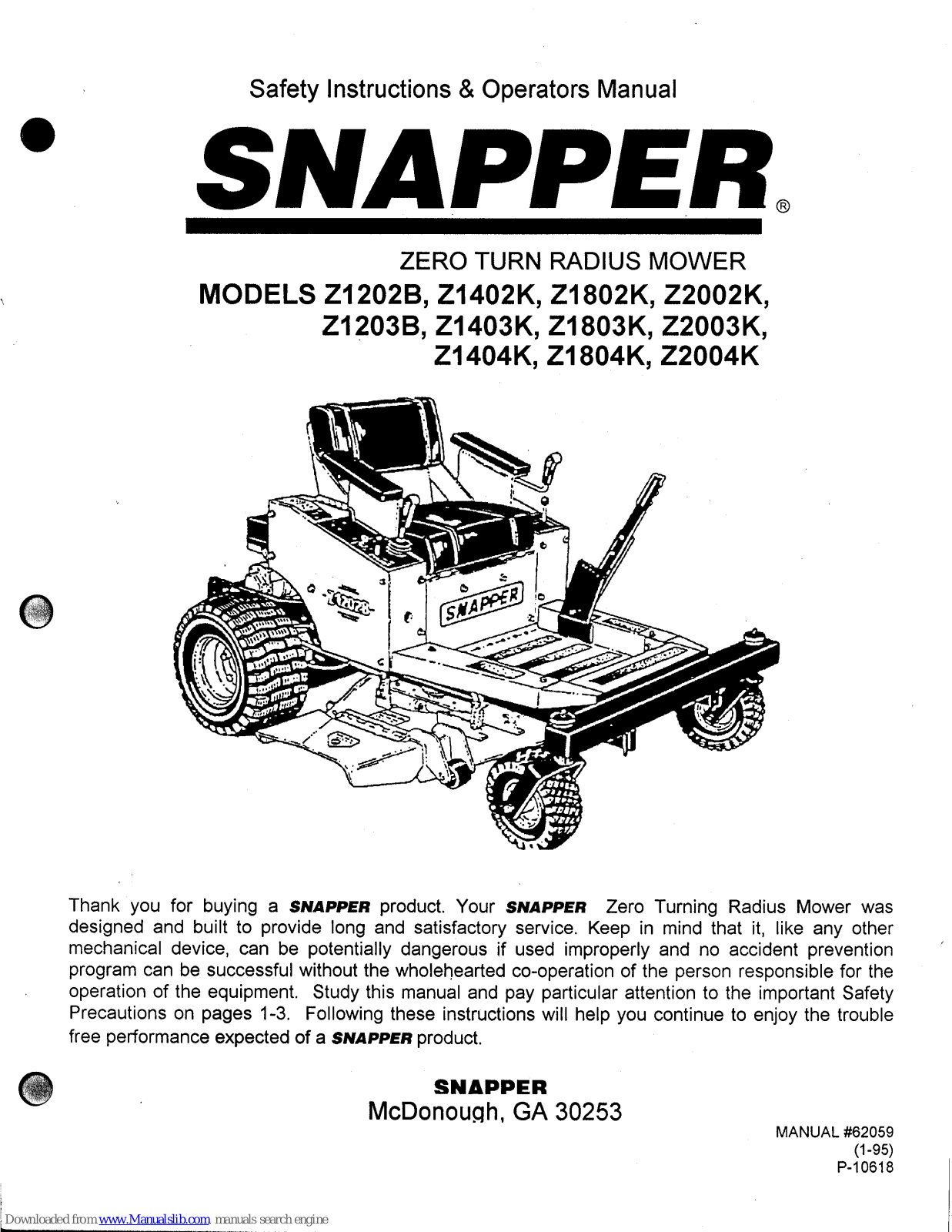 Snapper Z1203B,Z1202B,Z1403K,Z1404K,Z1802K,Z1402K,Z1803K,Z1804K,Z2002K,Z2003K,Z2004K Safety Instructions & Operator's Manual