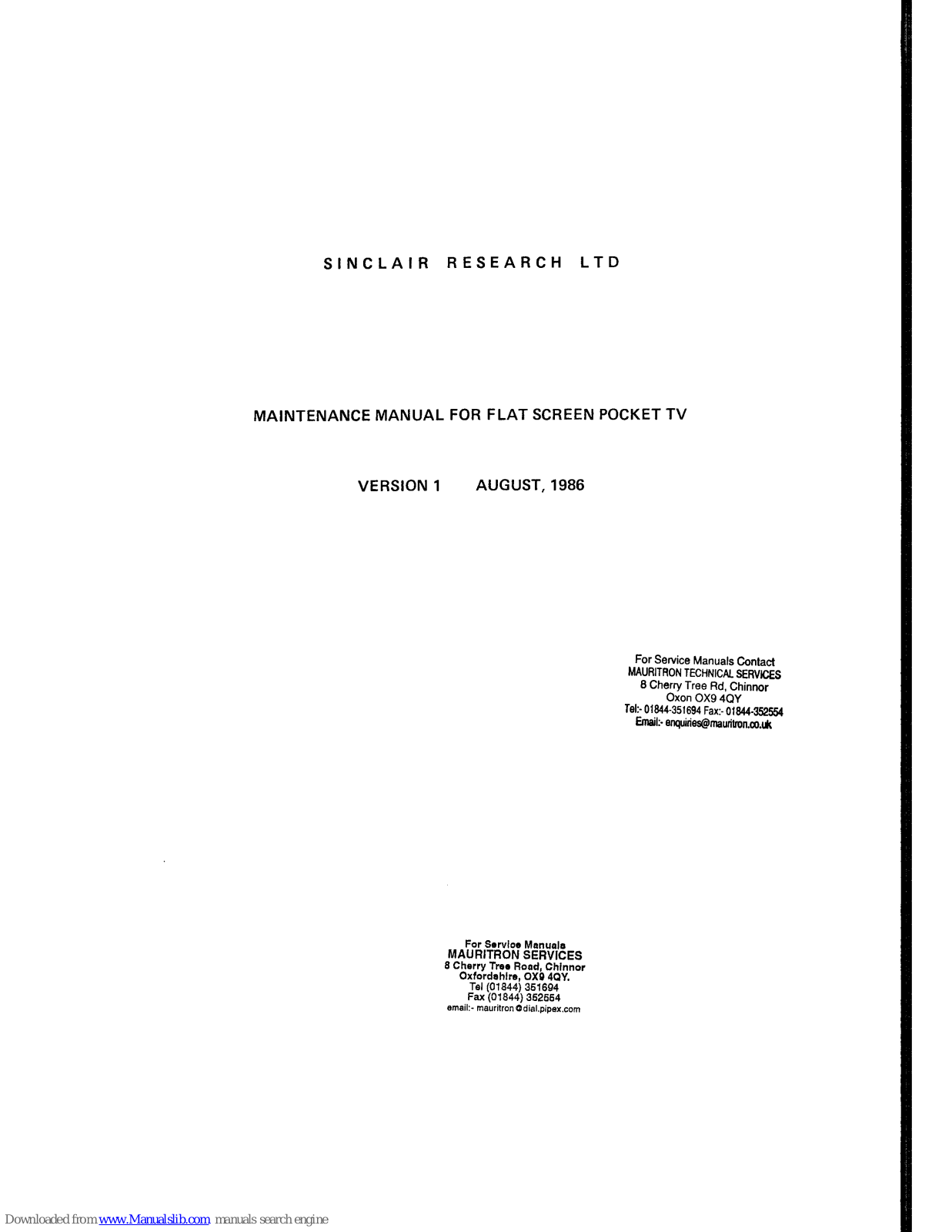 Sinclair Research FTV1, FTV2 Maintenance Manual