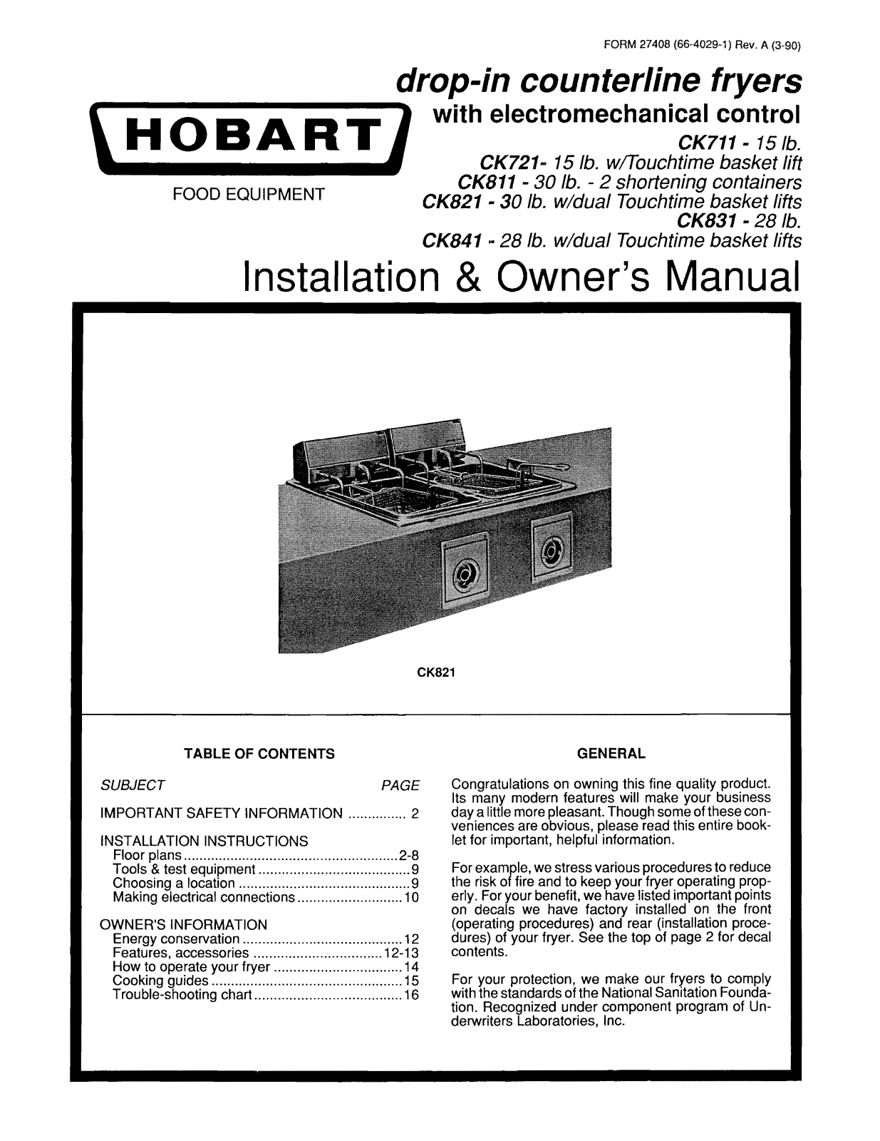 Hobart CK721 Installation Manual