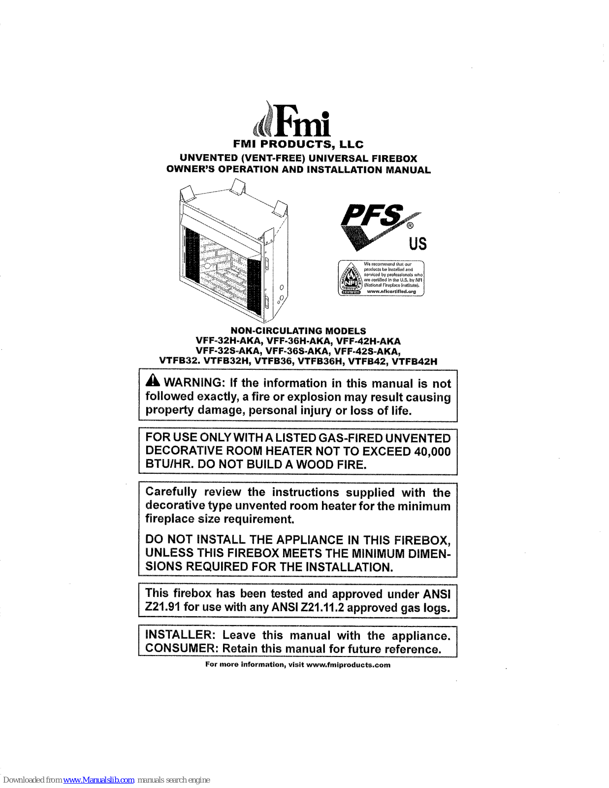 FMI VFF-32H-AKA, VFF-36H-AKA, VFF-36S-AKA, VFF-42H-AKA, VFF-42S-AKA Owner's Operation And Installation Manual