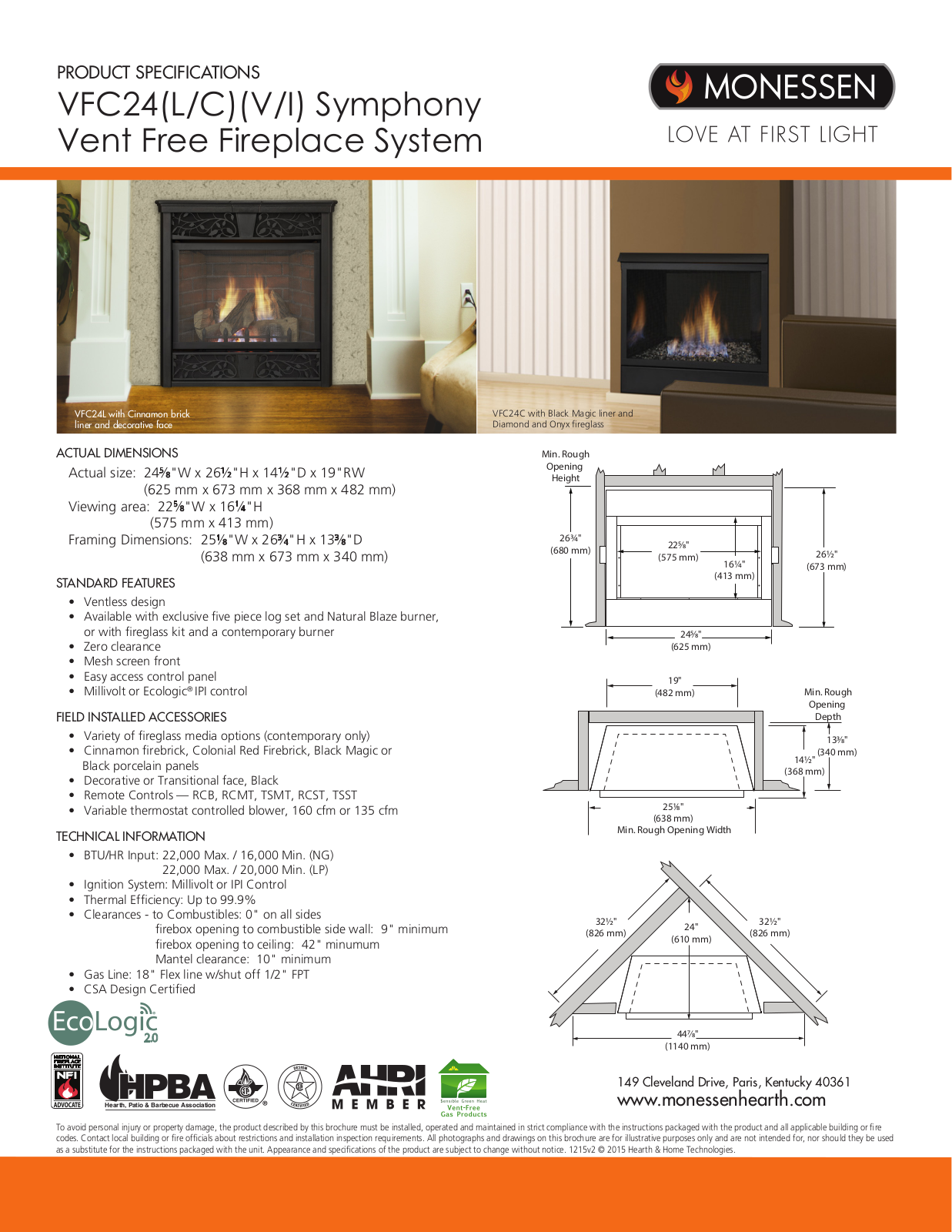 Monessen VFC24LNV, VFC24LPV Specifications