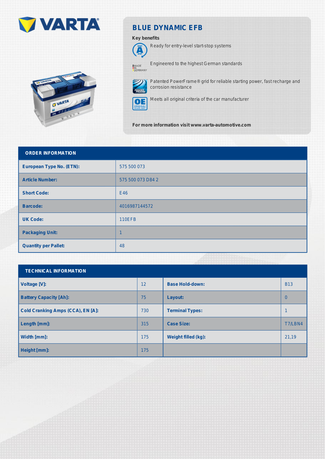 Varta EFB E46 data sheet - ManualMachine.com