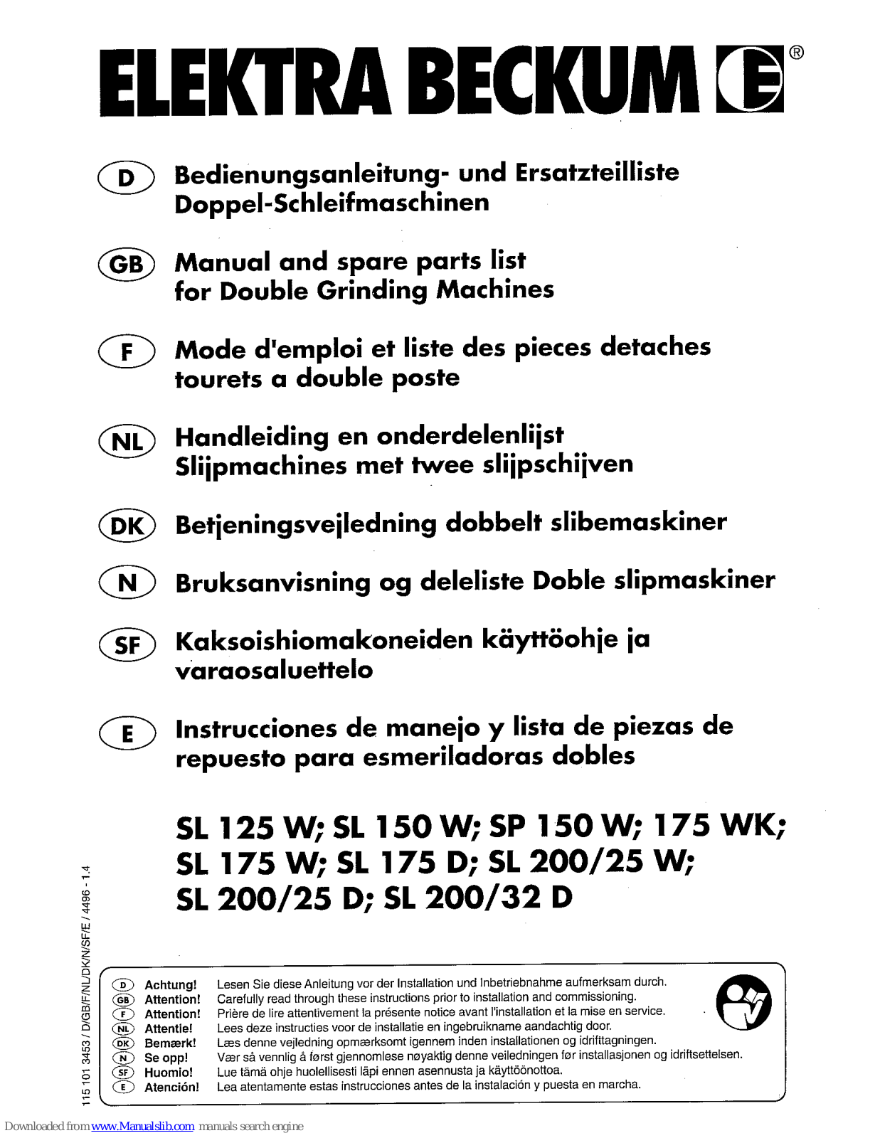Elektra Beckum SP 175 WK, SL 125 W, SL 150 W, SP 150 W, SL 175 W Mode D'emploi Et Liste Des Pieces Detaches