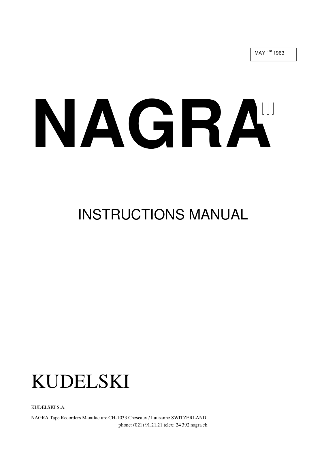 nagra Nagra-III INSTRUCTIONS MANUAL