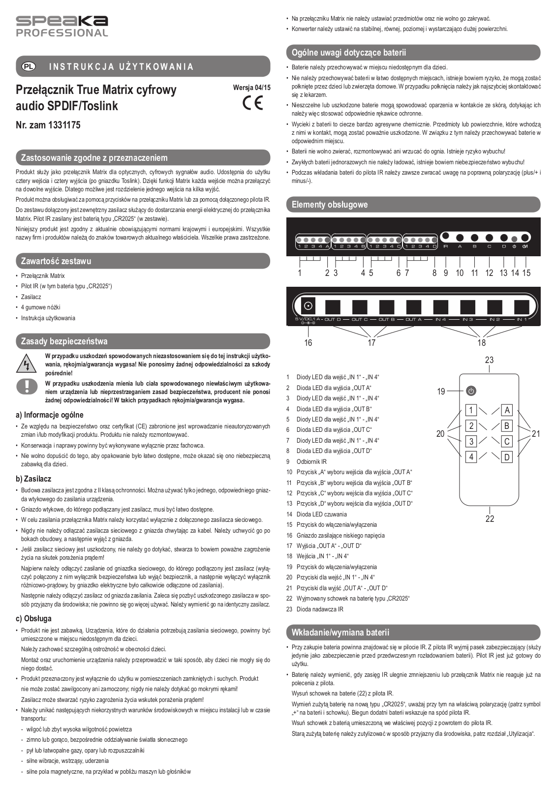 SpeaKa Professional 1331175 Instructions