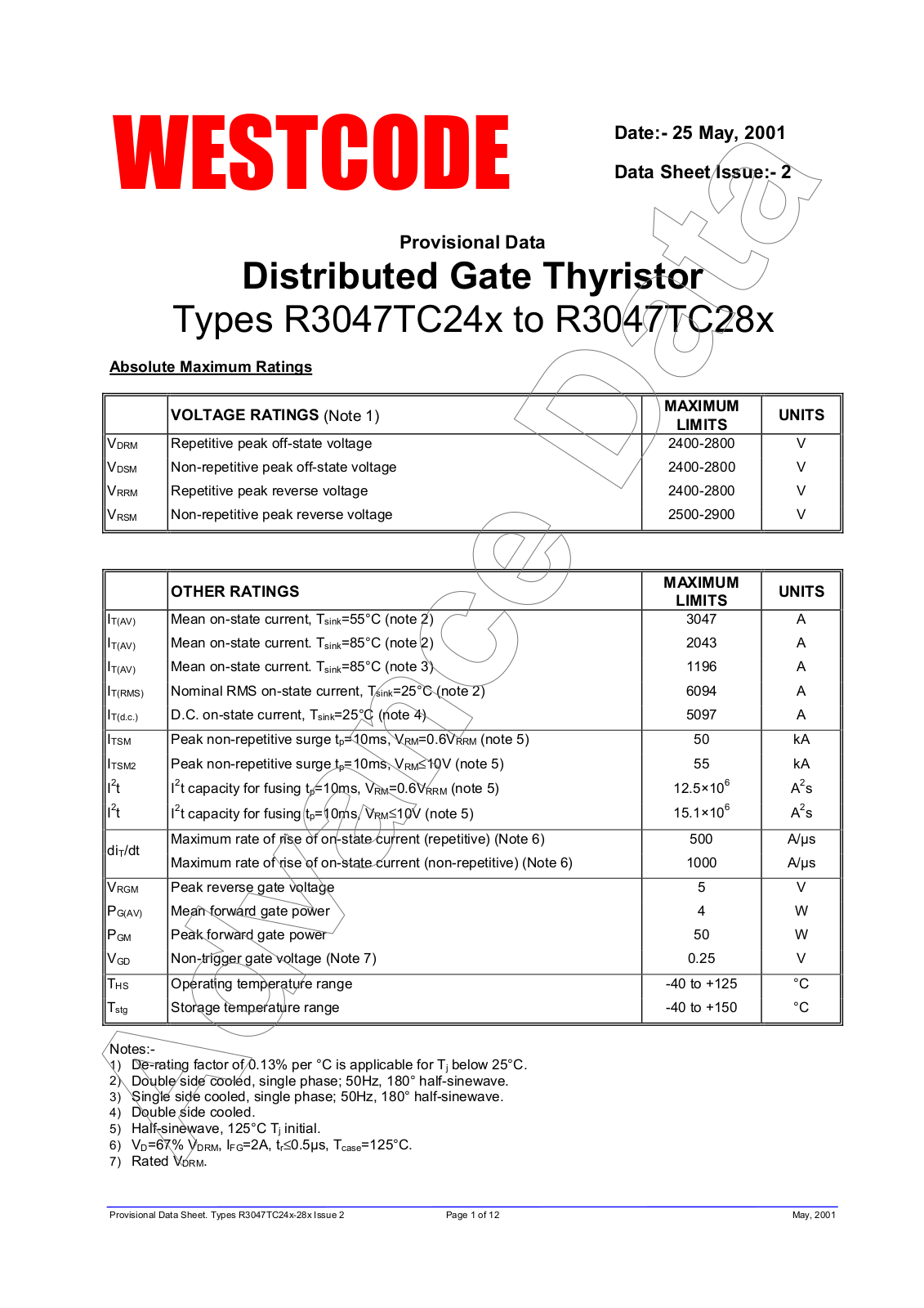 Westcode Semiconductors R3047TC24x, R3047TC28x Data Sheet