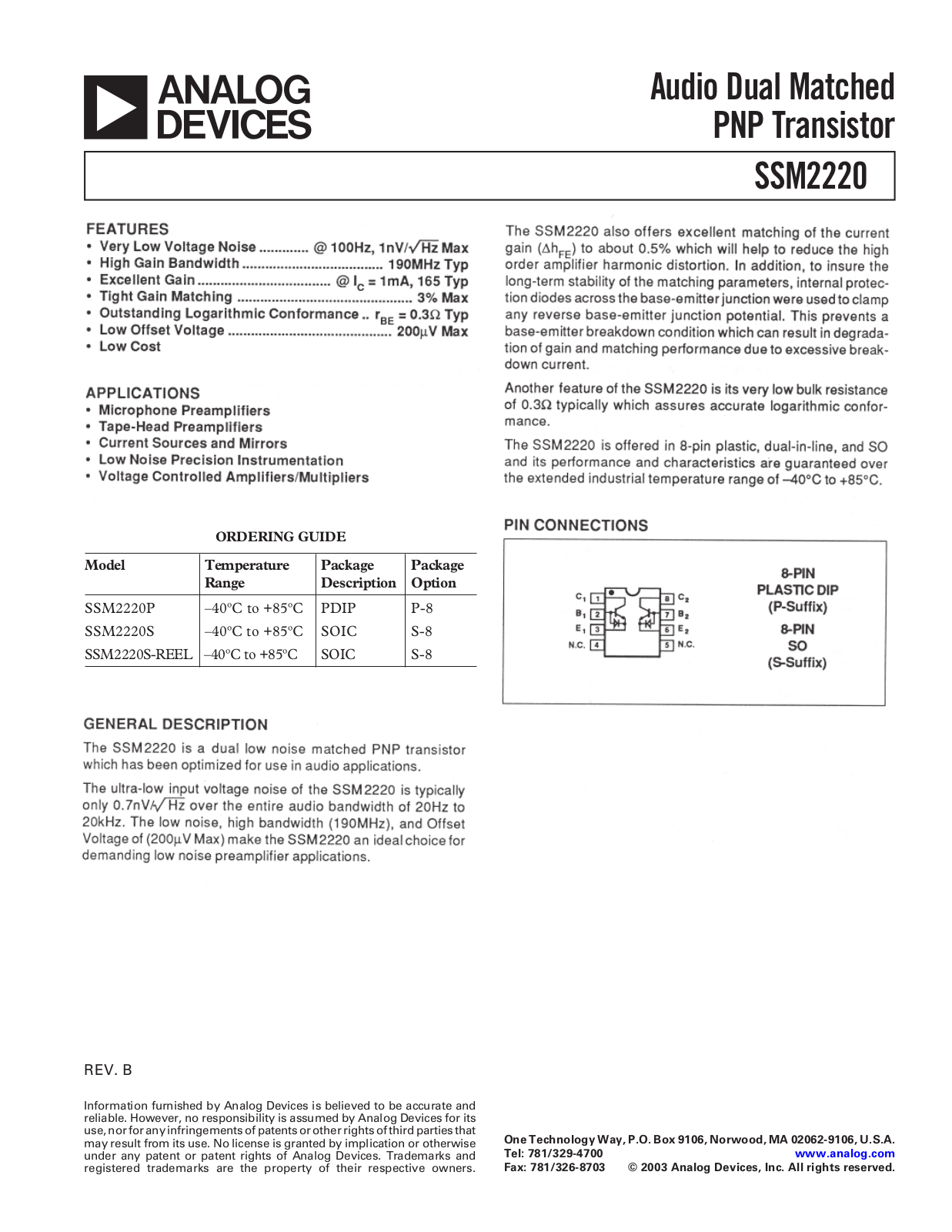 ANALOG DEVICES SSM2220 Service Manual