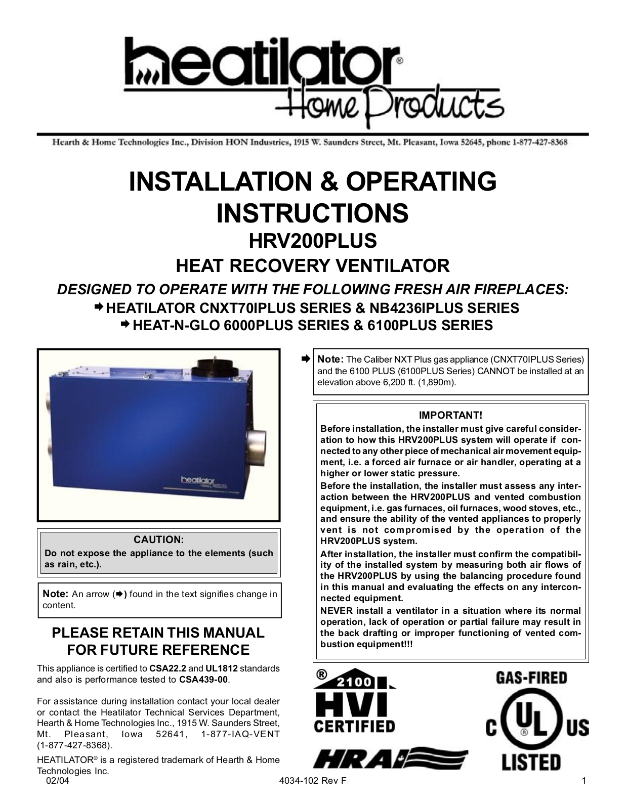 Hearth and Home Technologies HRV200PLUS User Manual