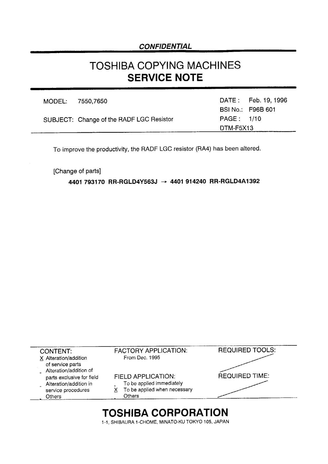 Toshiba f96b601 Service Note