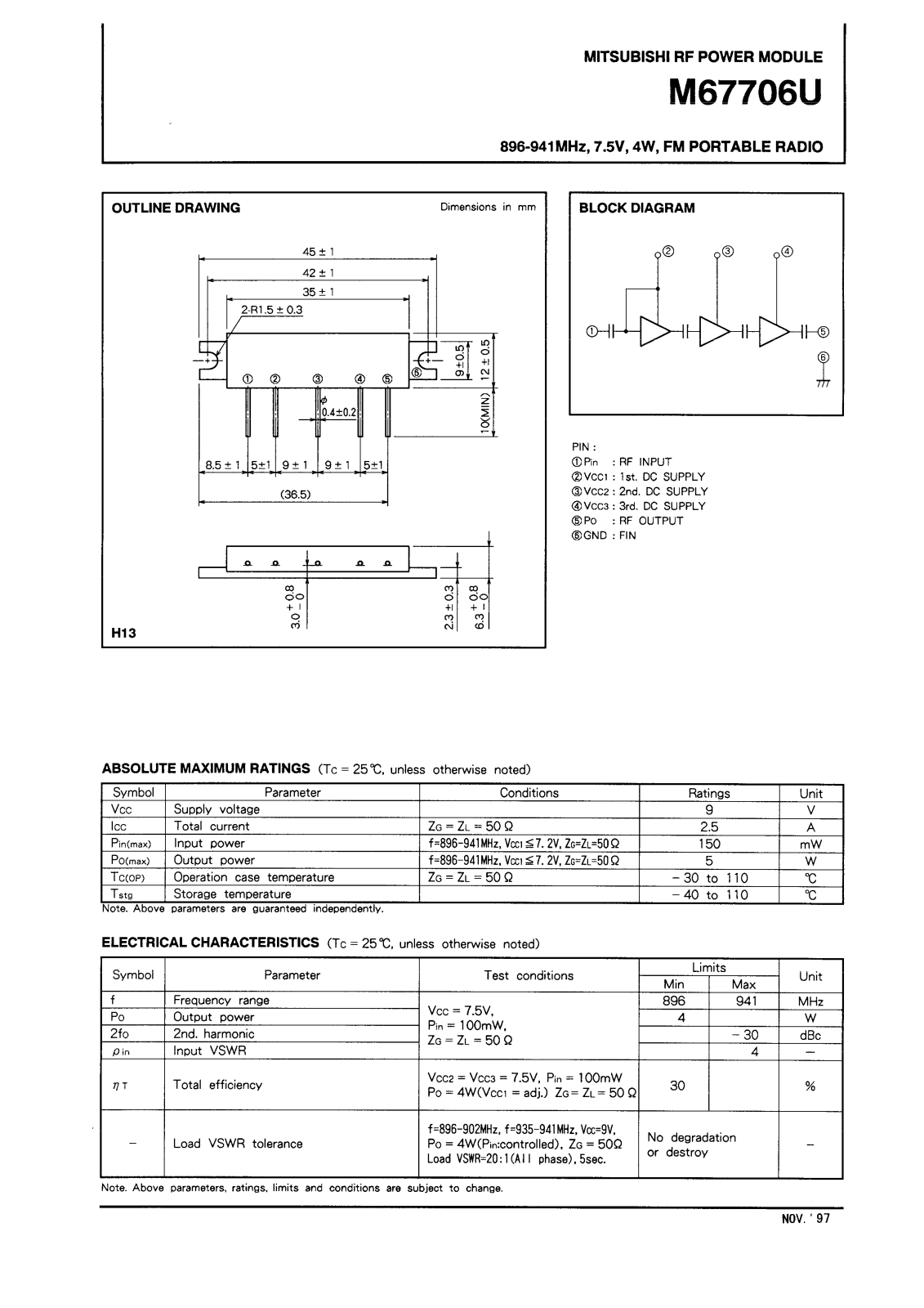 Mitsubishi M67706U Datasheet