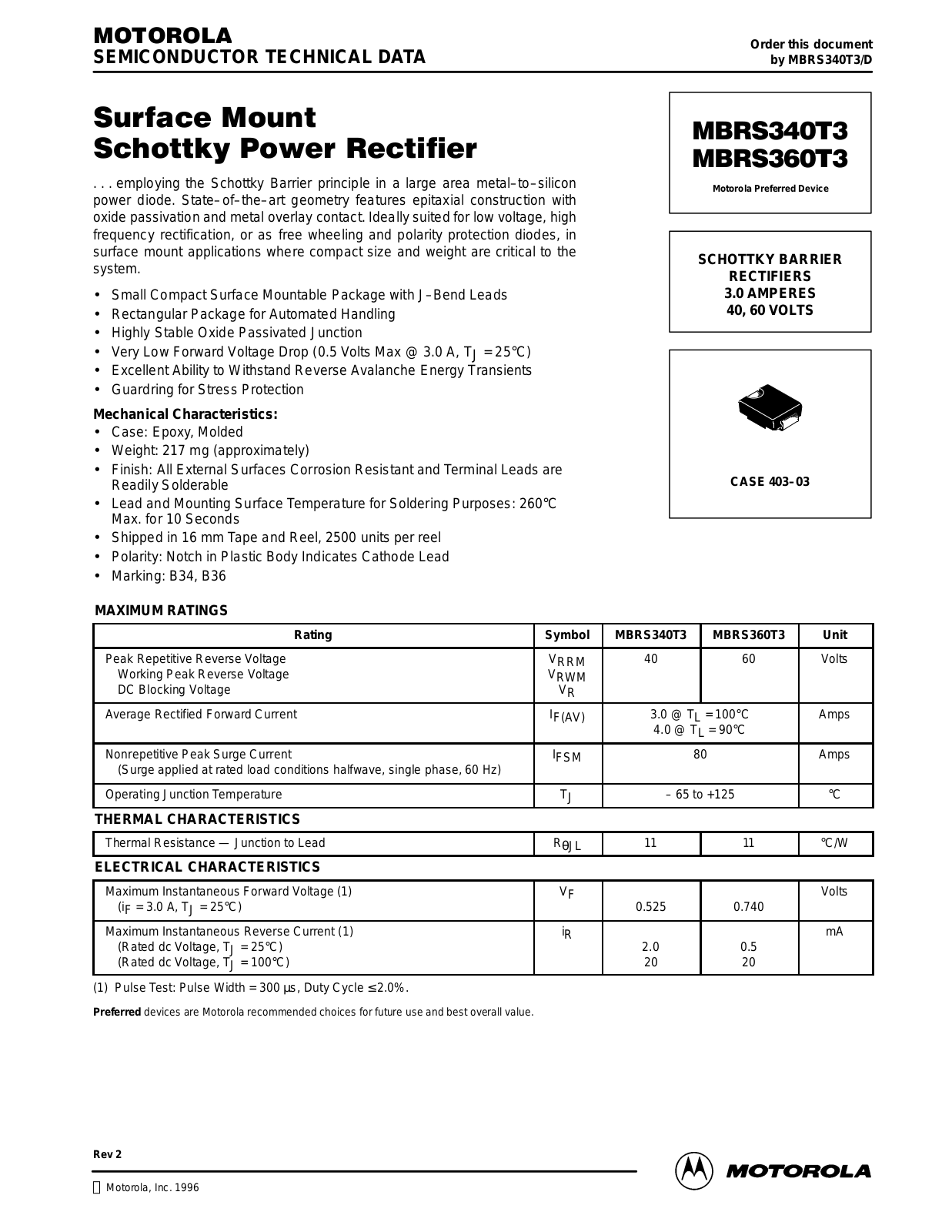 Motorola MBRS340T3 Datasheet