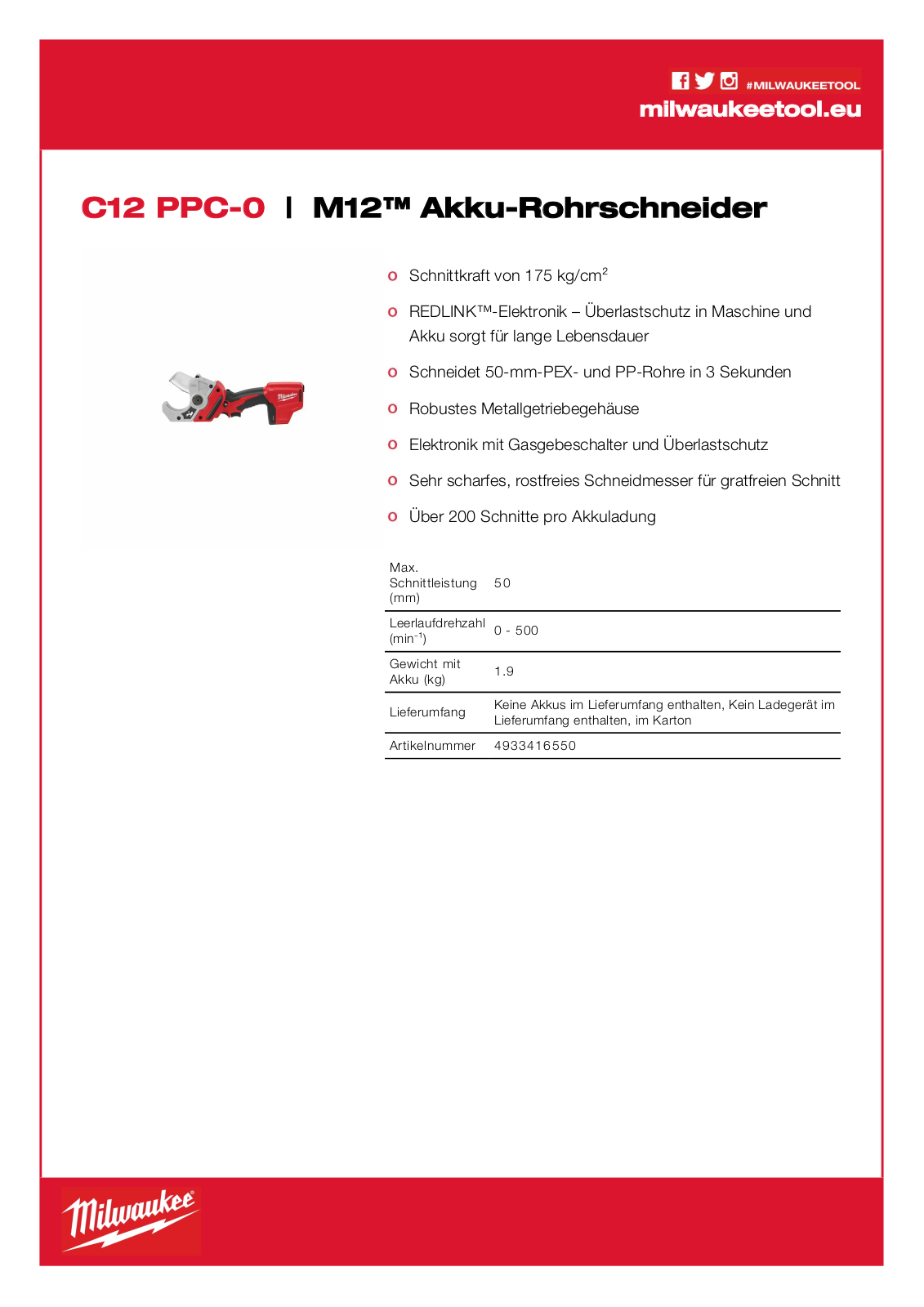 Milwaukee C12 PPC-0 User Manual