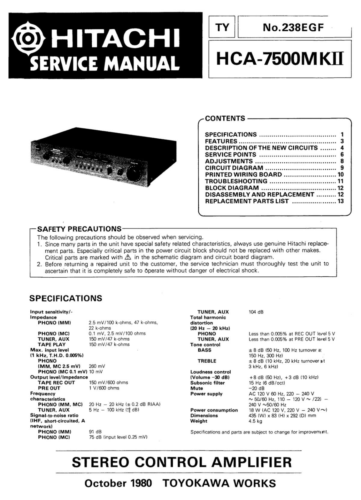 Hitachi HCA-7500 Mk2 Service manual