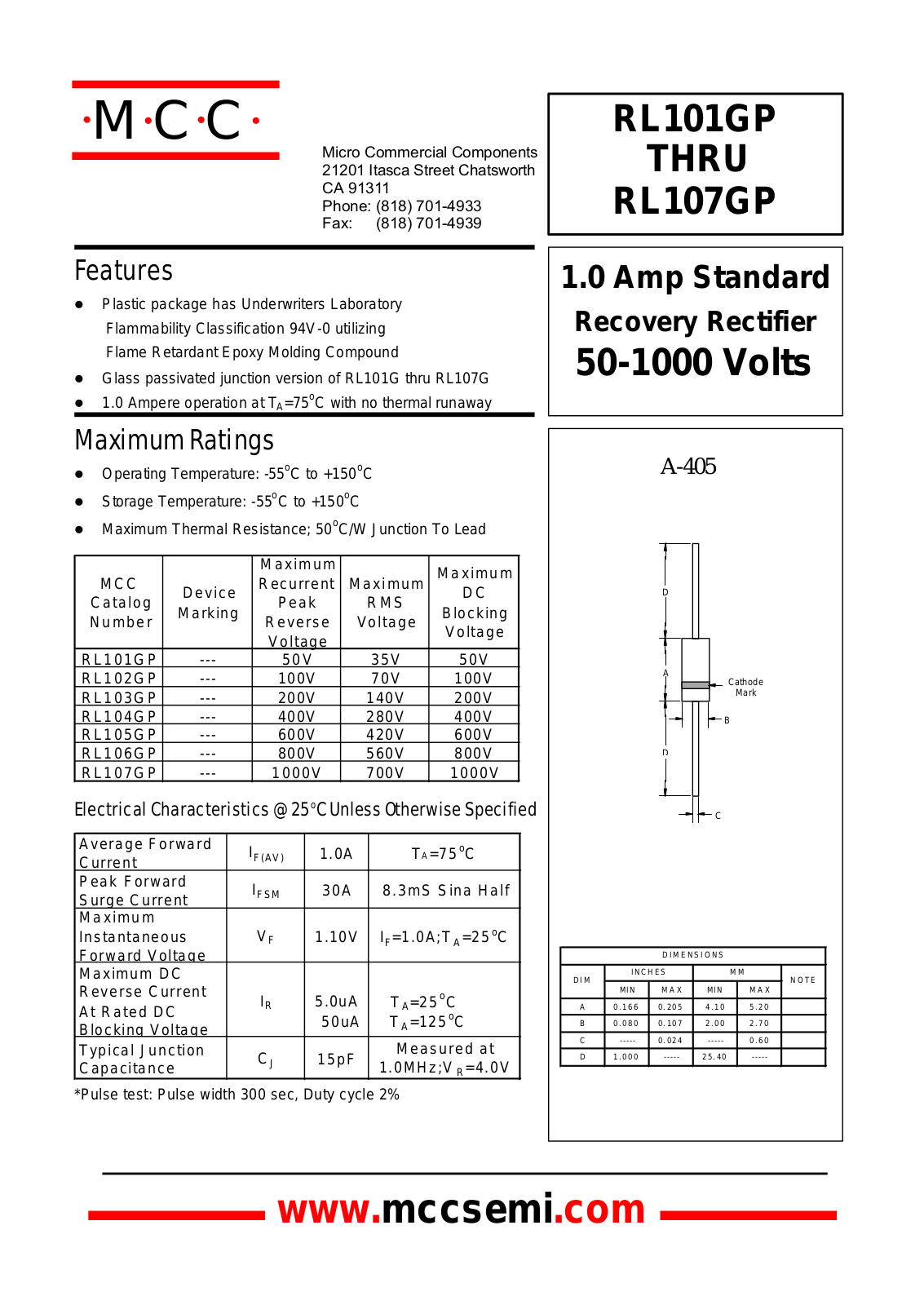 MCC RL101GP, RL105GP, RL103GP, RL106GP, RL102GP Datasheet