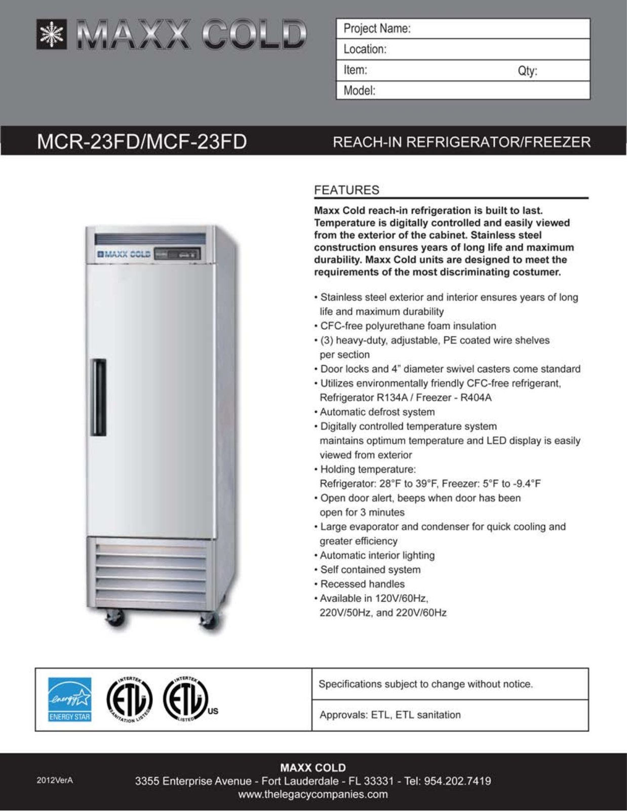 Maxx Cold MCF23FD, MCR23FD Specifications