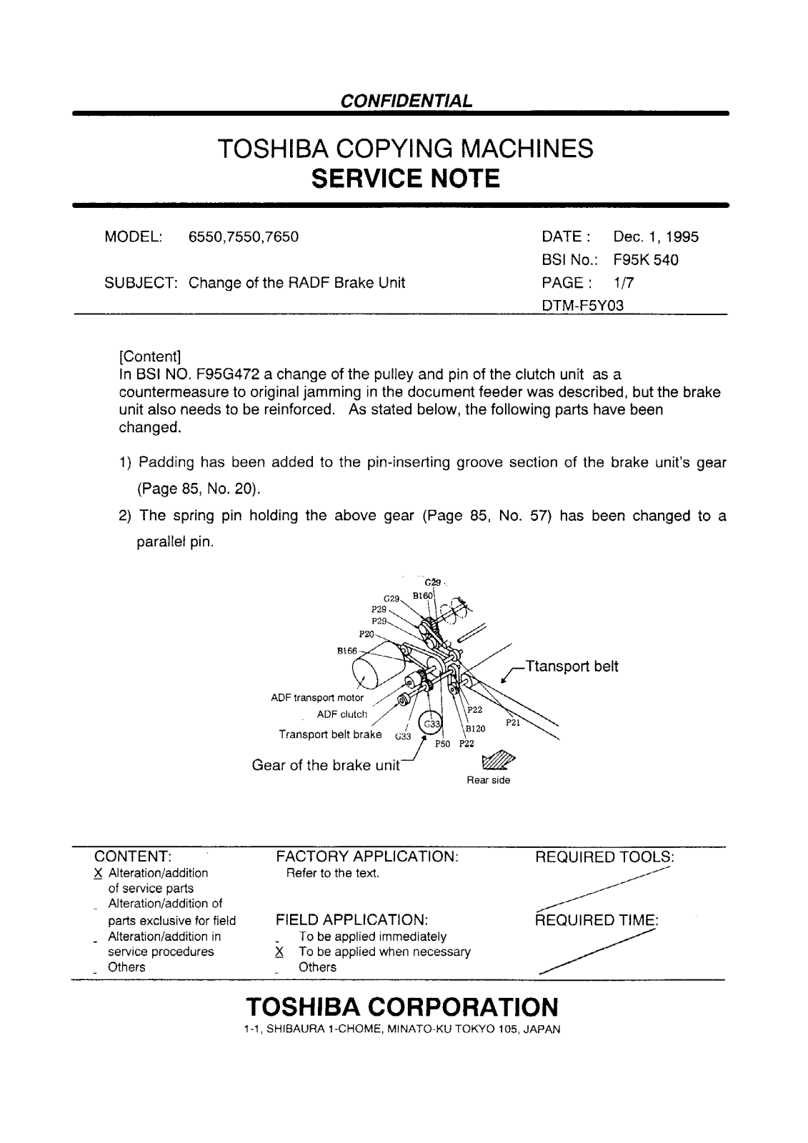 Toshiba f95k540 Service Note