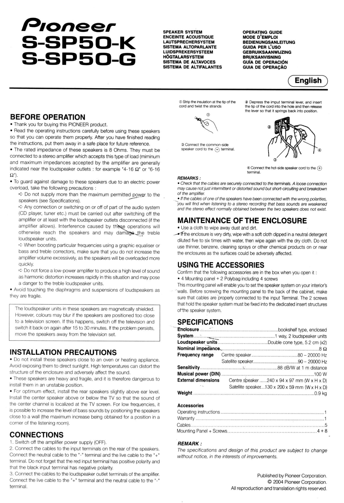 Pioneer S-SP50-G, S-SP50-K User Manual