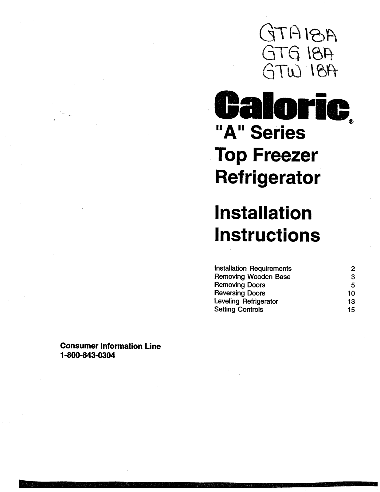 Caloric GTA18A, GTG18A, GTW18A Installation Instructions