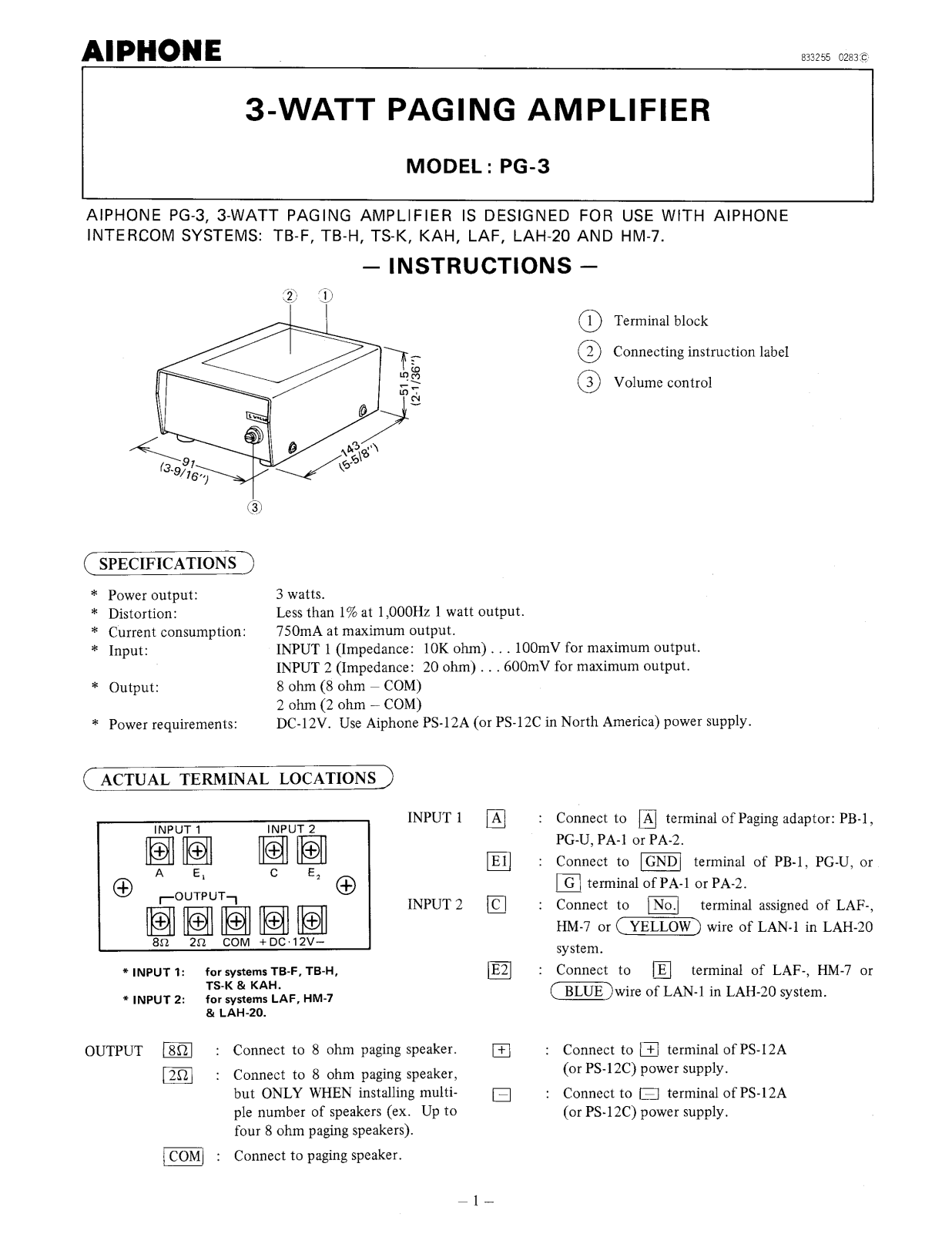 Aiphone PG-3 User Manual