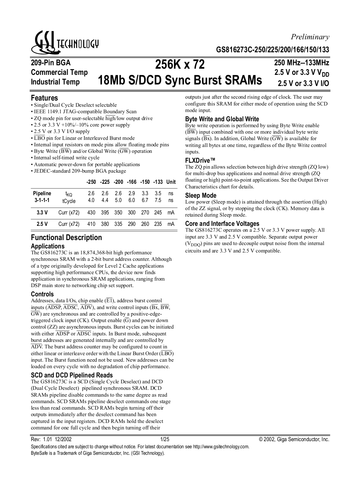 GSI GS816273C-250I, GS816273C-250, GS816273C-225I, GS816273C-225, GS816273C-200I Datasheet