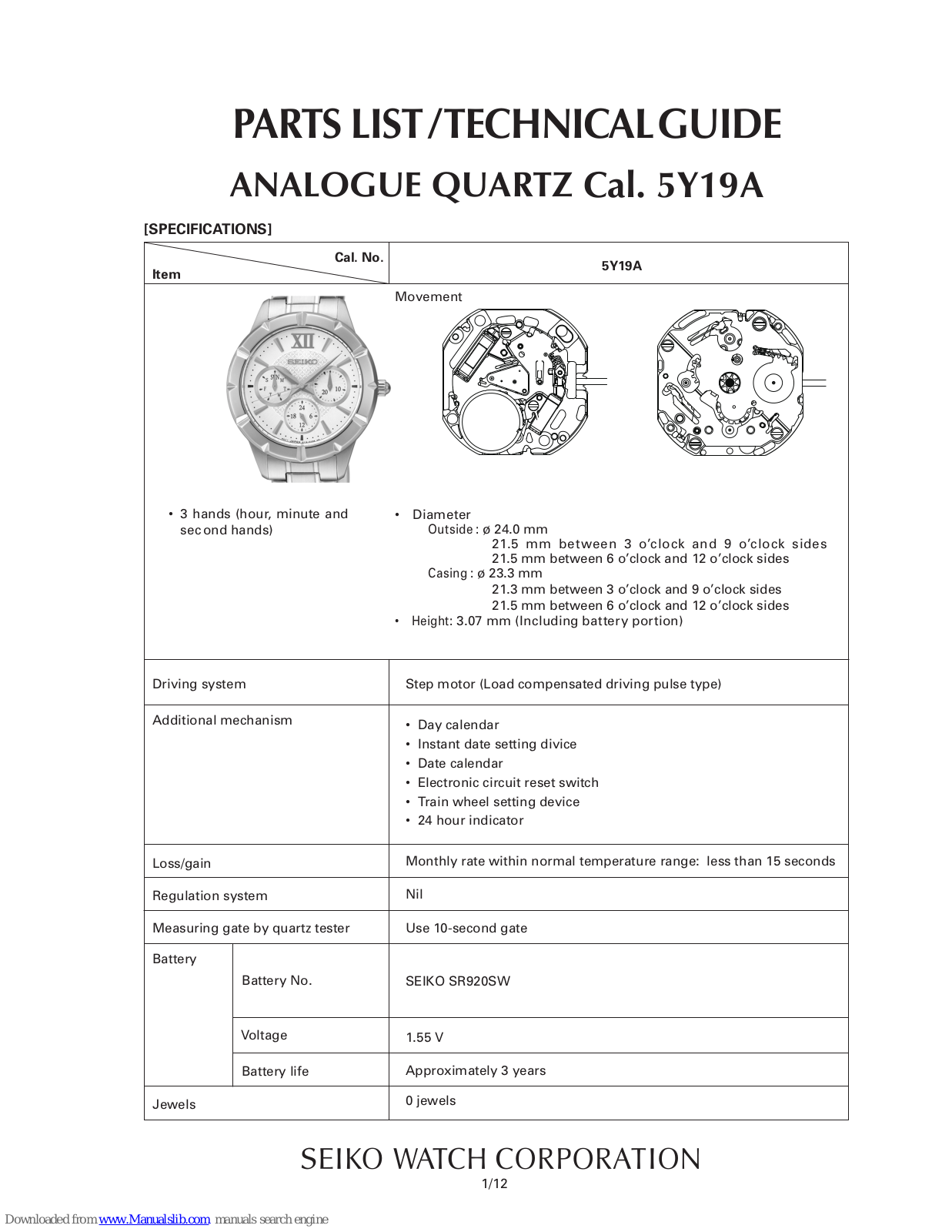 Seiko 5Y19A Technical Manual