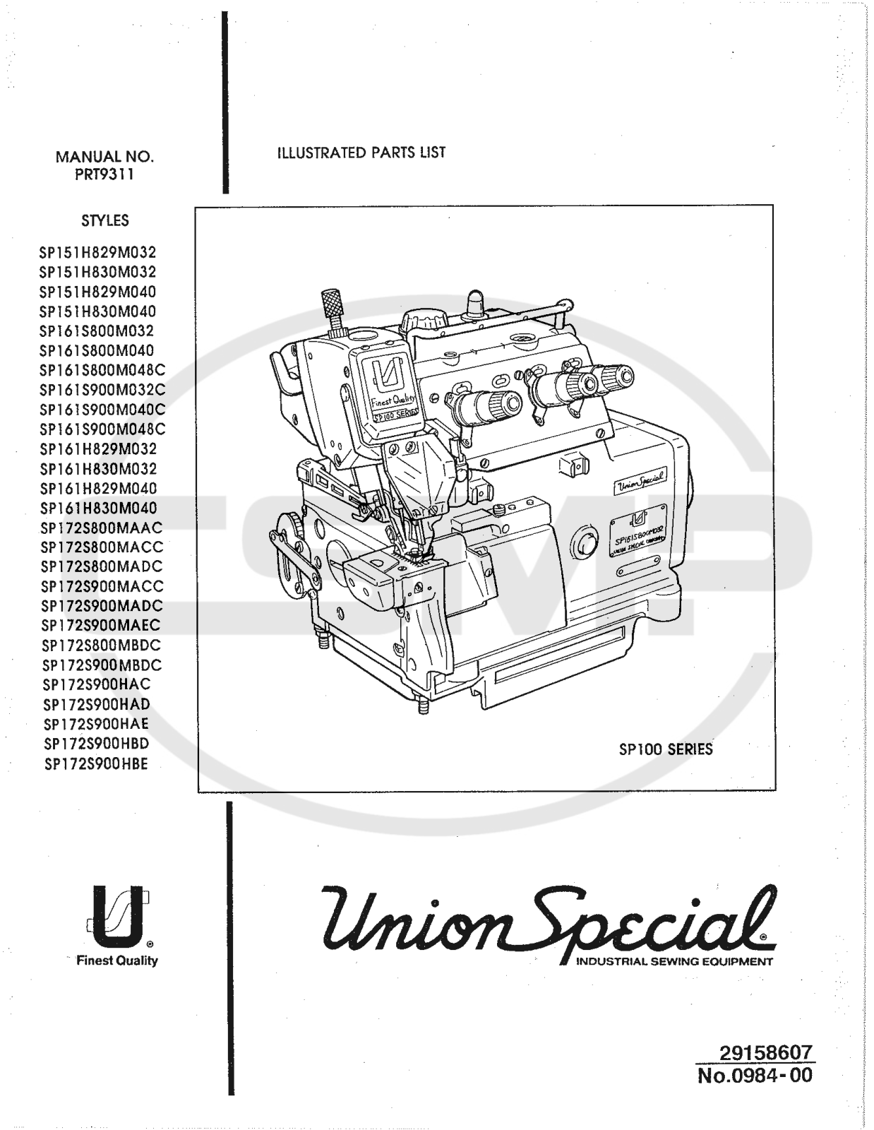 Union Special PRT9311 Parts Book