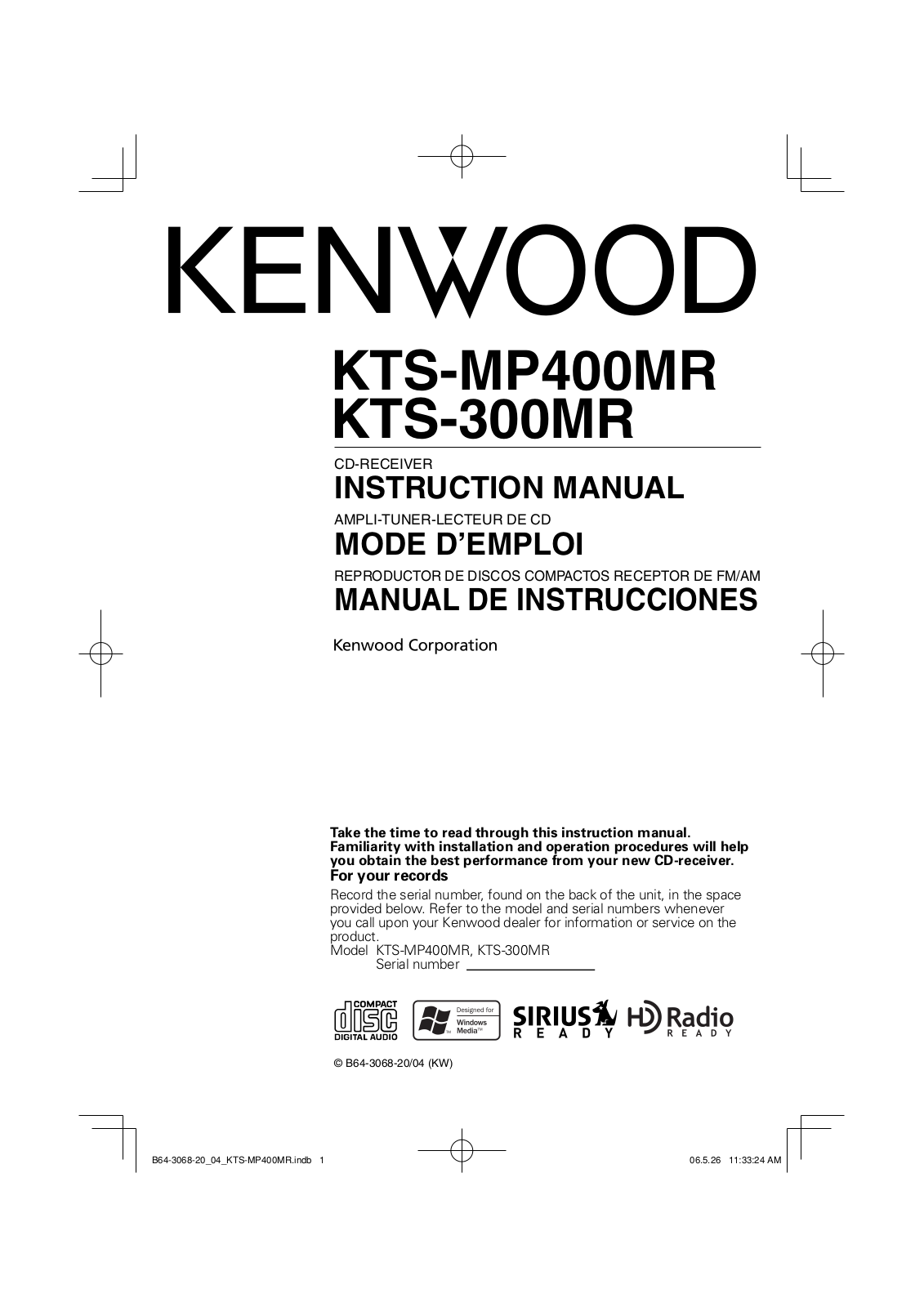 Kenwood KTS-MP400MR, KTS-300MR User Manual