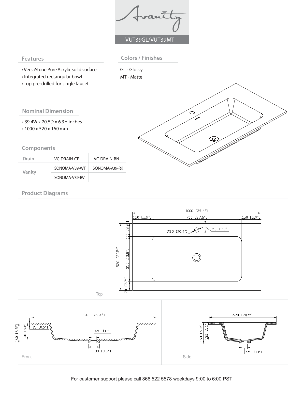 Avanity VUT39GL Specifications