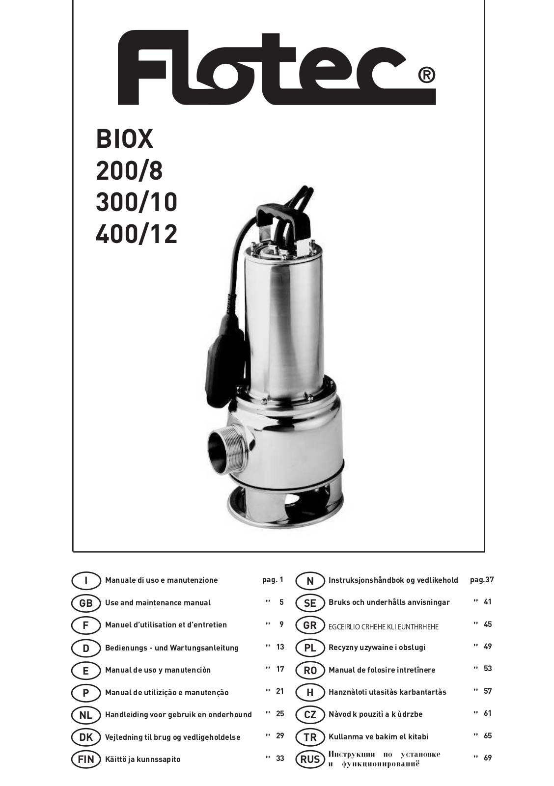 Flotec BIOX Series, BIOX 400/12, BIOX 300/10, BIOX 200/8 Use And Maintenance Manual