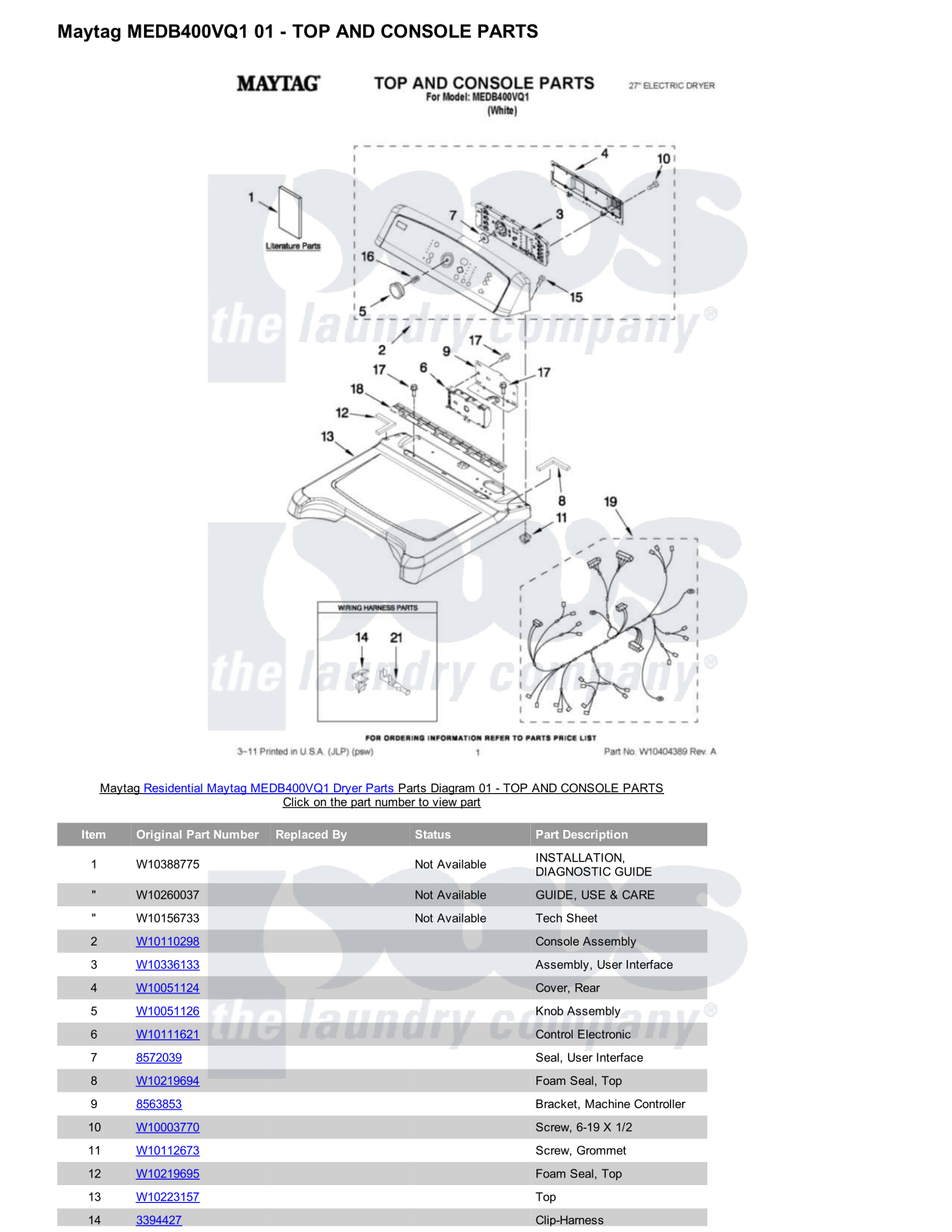 Maytag MEDB400VQ1 Parts Diagram