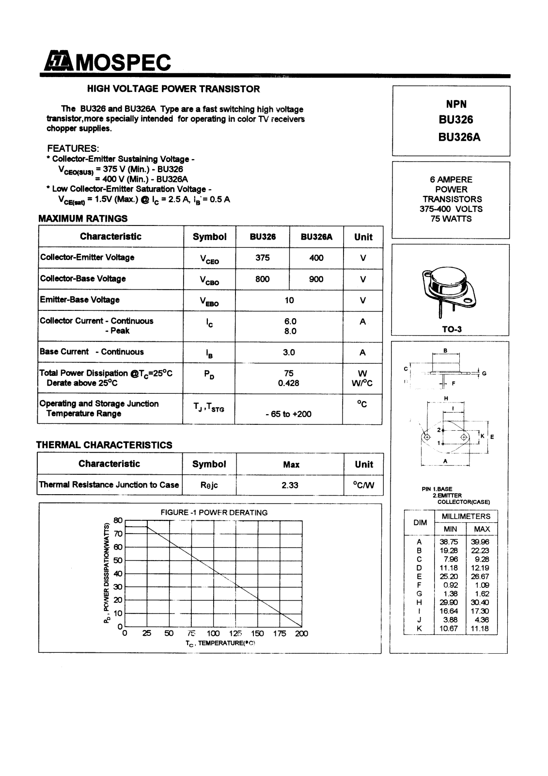 MOSPEC BU326A, BU326 Datasheet