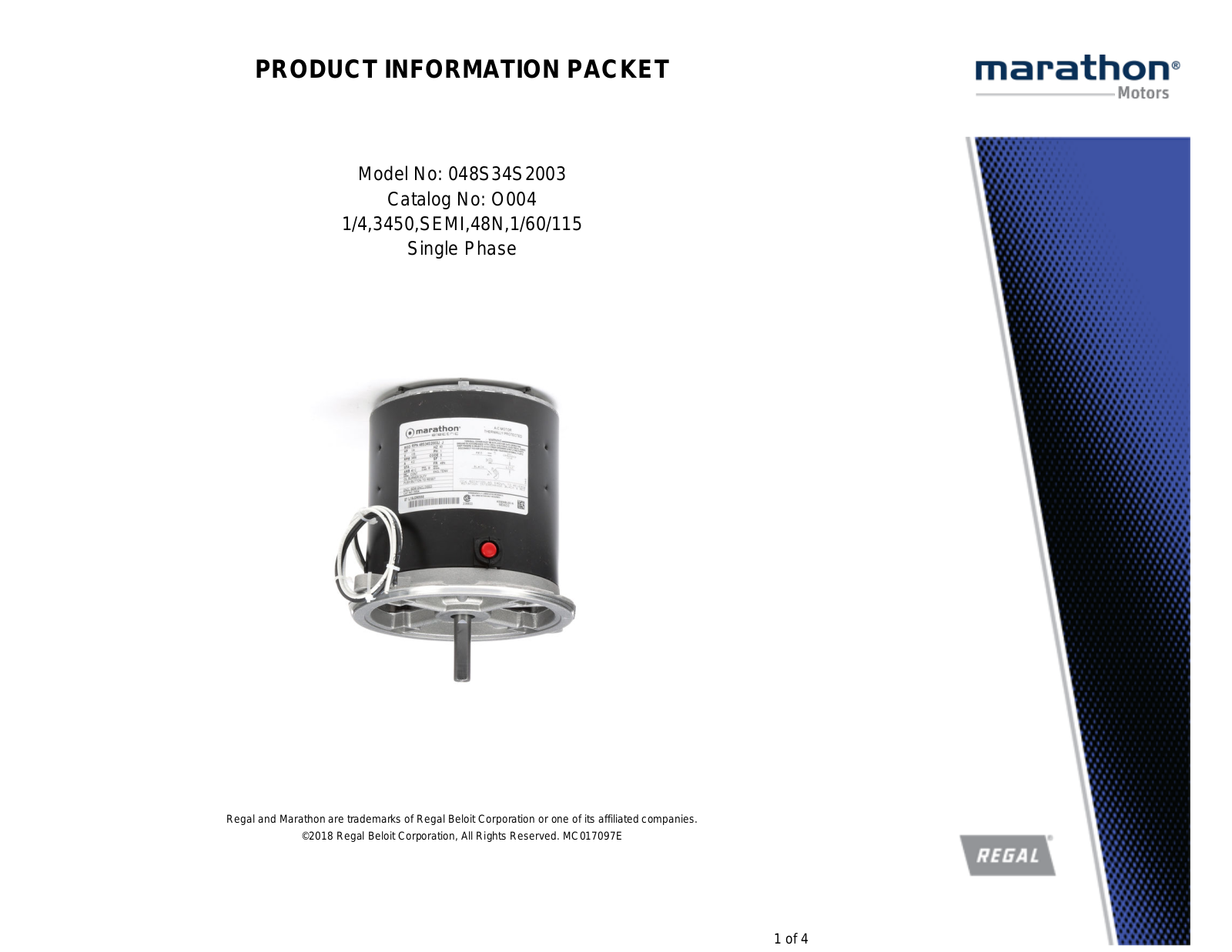 Marathon Electric 048S34S2003 Product Information Packet