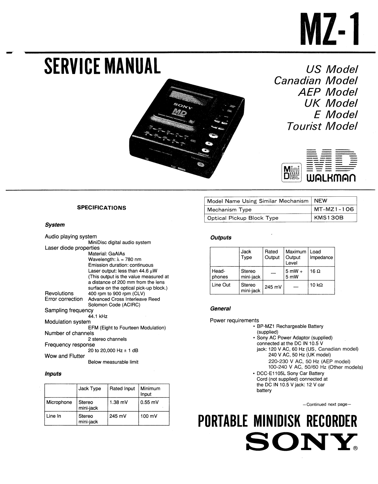 Sony MZ-1 Service manual