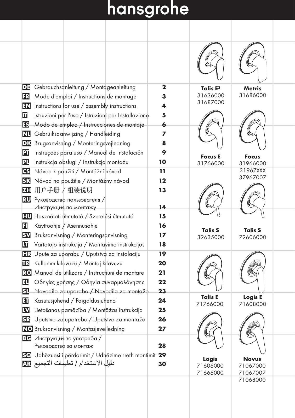 Hansgrohe 31636000, 31687000, 31686000, 31766000, 31966000 Instructions For Use/assembly Instructions