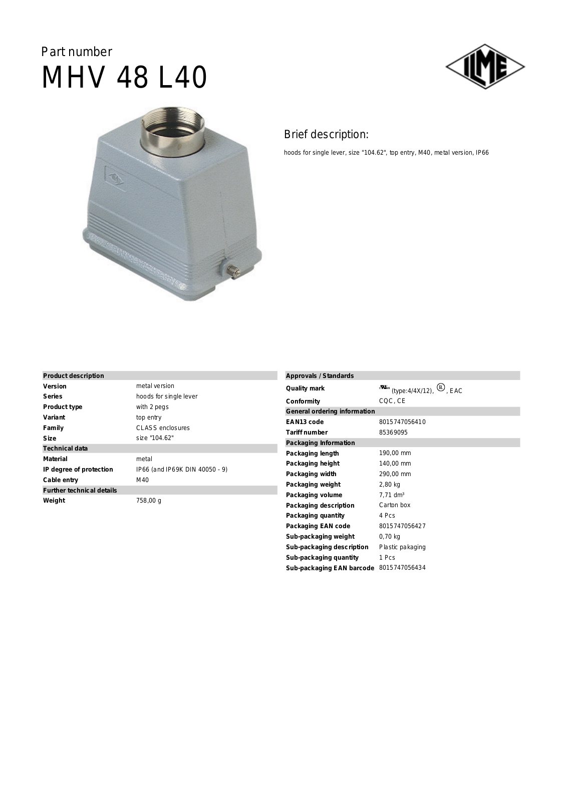 Datasheet MHV-48L40 Datasheet (ILME) - ManualMachine.com