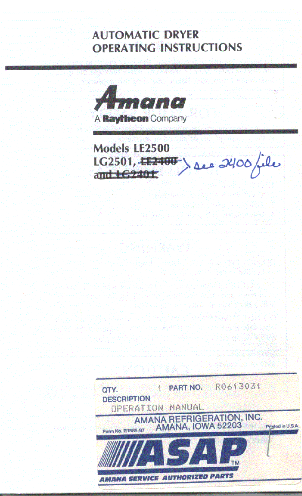 Amana LE2500 User Manual