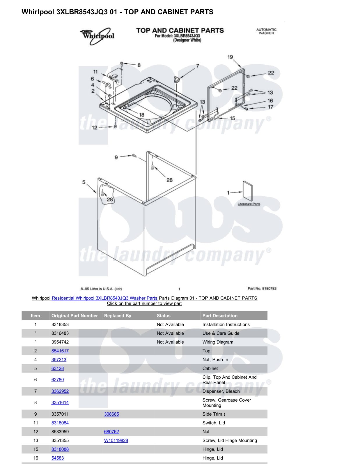 Whirlpool 3XLBR8543JQ3 Parts Diagram