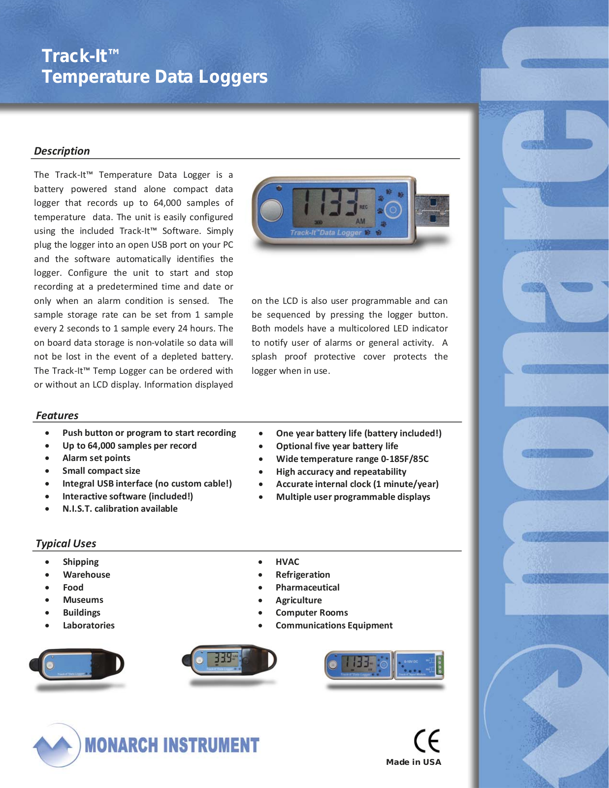 Monarch Instrument Temp Track‐It, Temp Track‐It LB, Temp Track‐It B, Temp Track‐It BLB Data Sheet