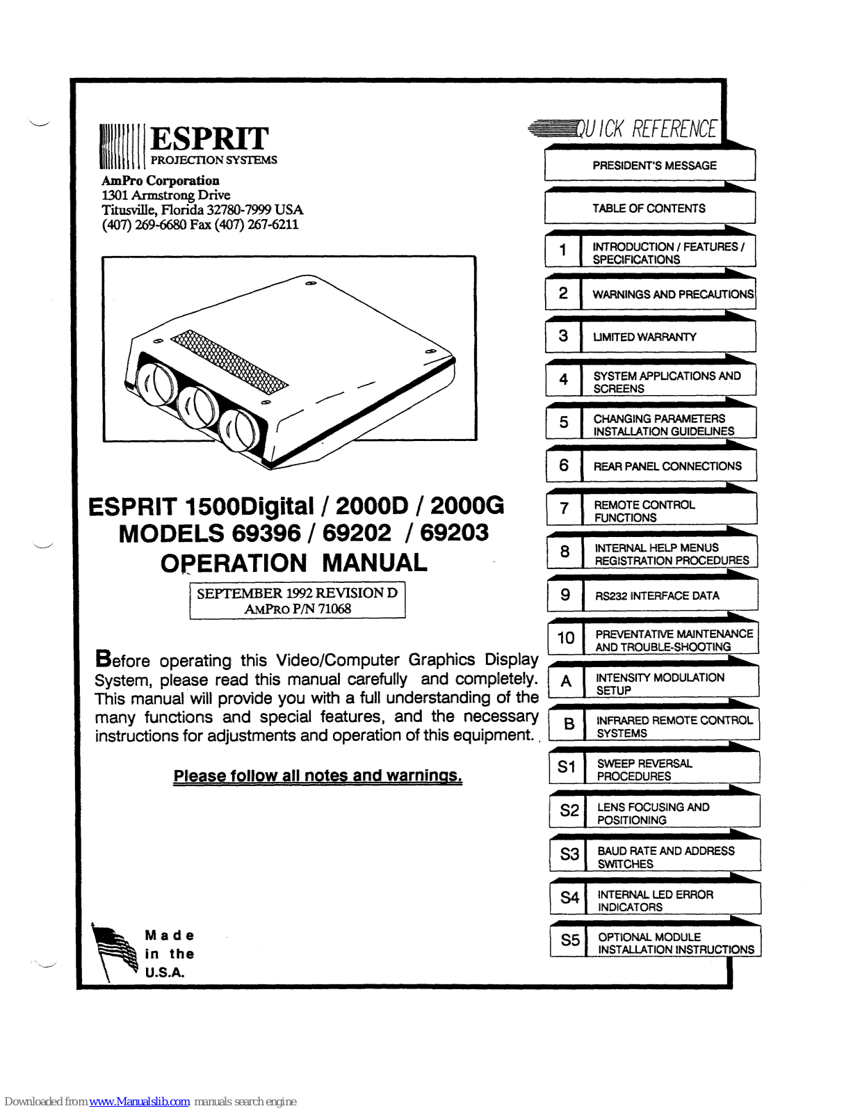 ESPRIT 1500Digital 69396, 2000D 69203, 2000G 69202 Operation Manual