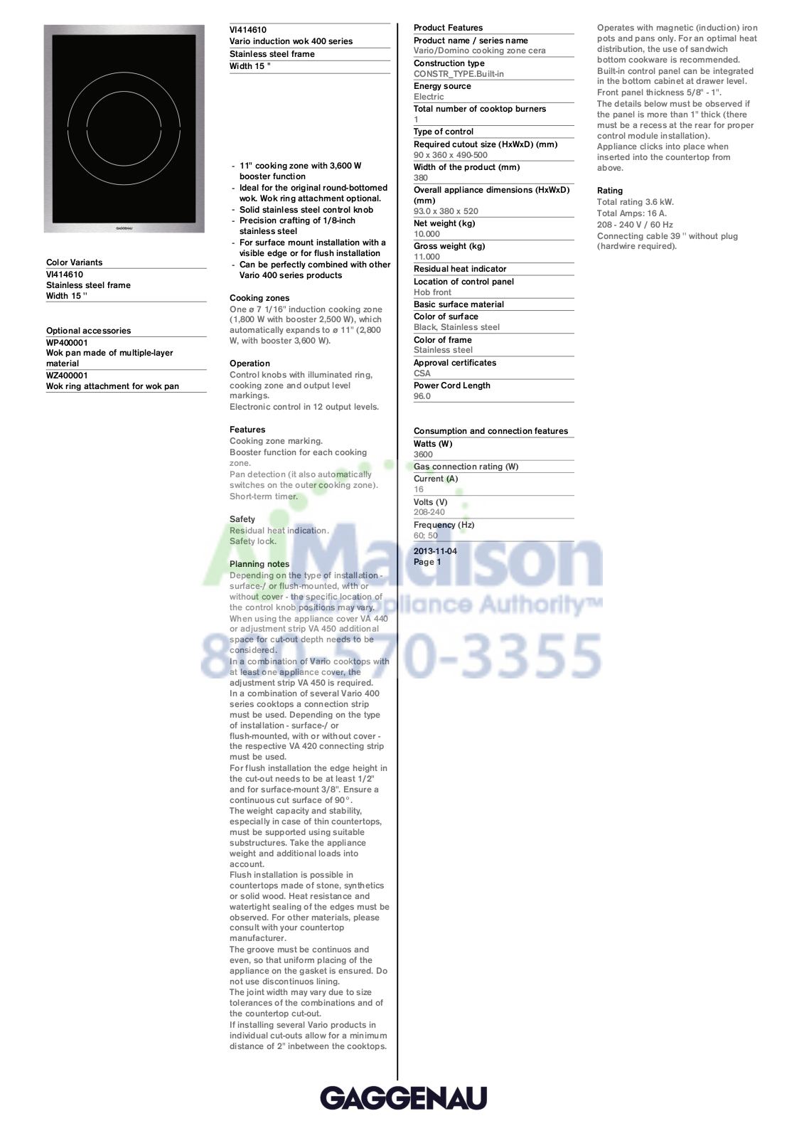 Gaggenau VI414610 Specs