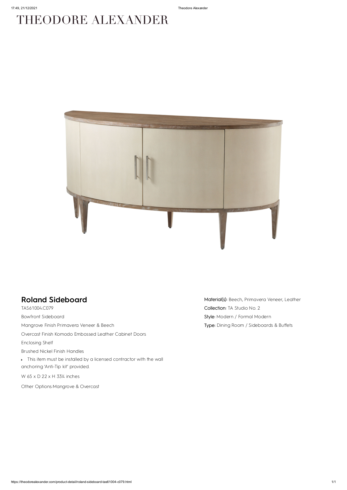 Theodore Alexander FPLJ3190 Specifications - ManualMachine.com