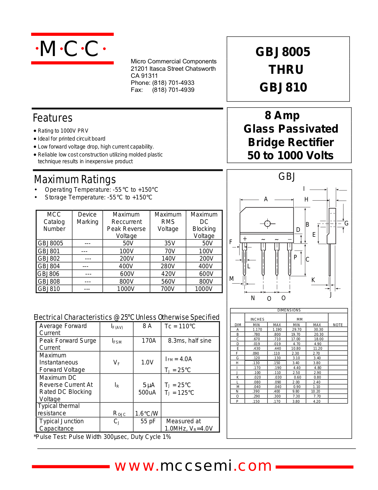 MCC GBJ804, GBJ802, GBJ801, GBJ810, GBJ808 Datasheet