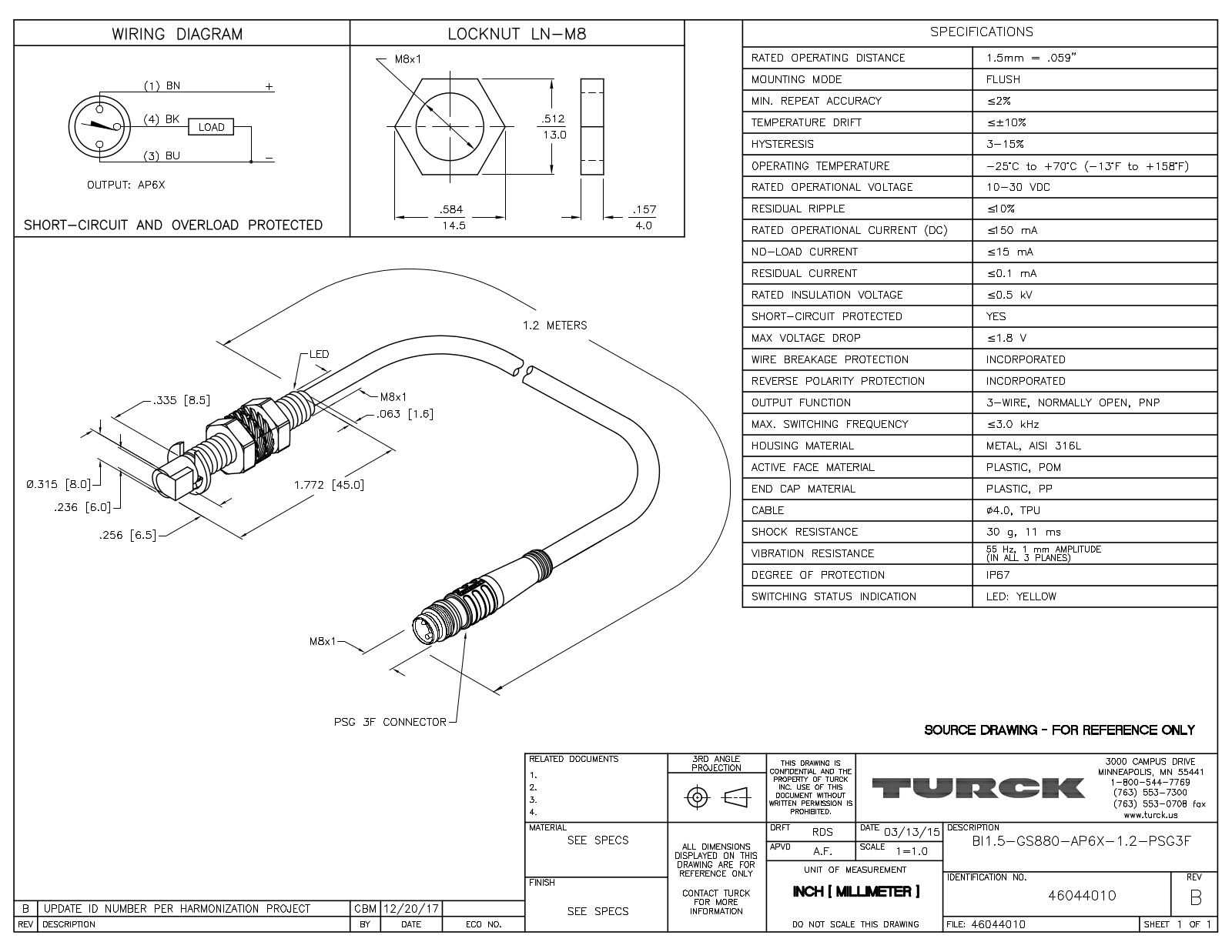 Turck BI1.5-GS880-AP6X-1.2PSG3F Data Sheet