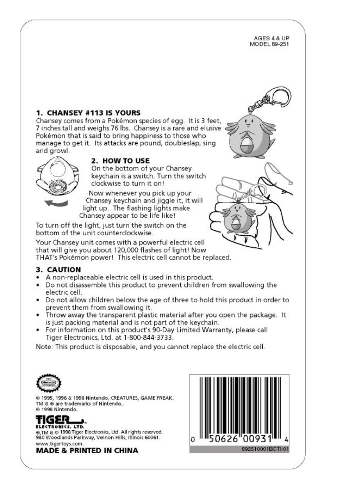 Hasbro POKEMON LIGHTED KEYCHAIN CHANSEY User Manual