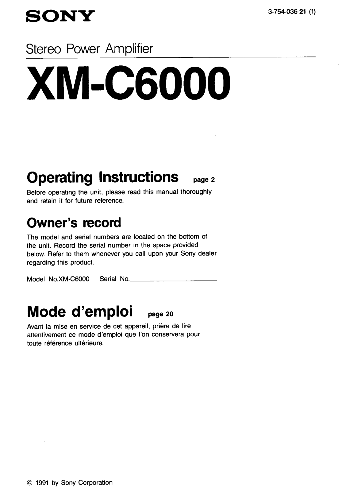 Sony XM-C6000 User Manual