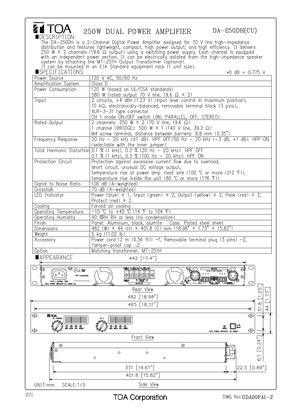 TOA DA-250DH CU User Manual