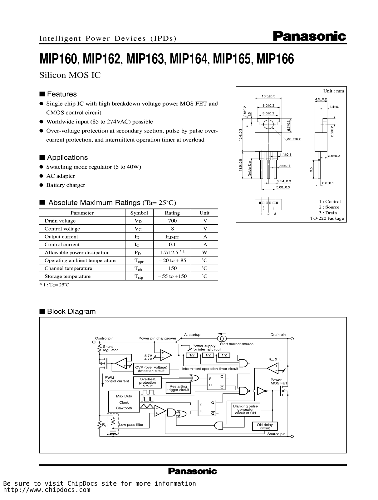 Panasonic MIP163, MIP164, MIP162, MIP166, MIP165 Datasheet