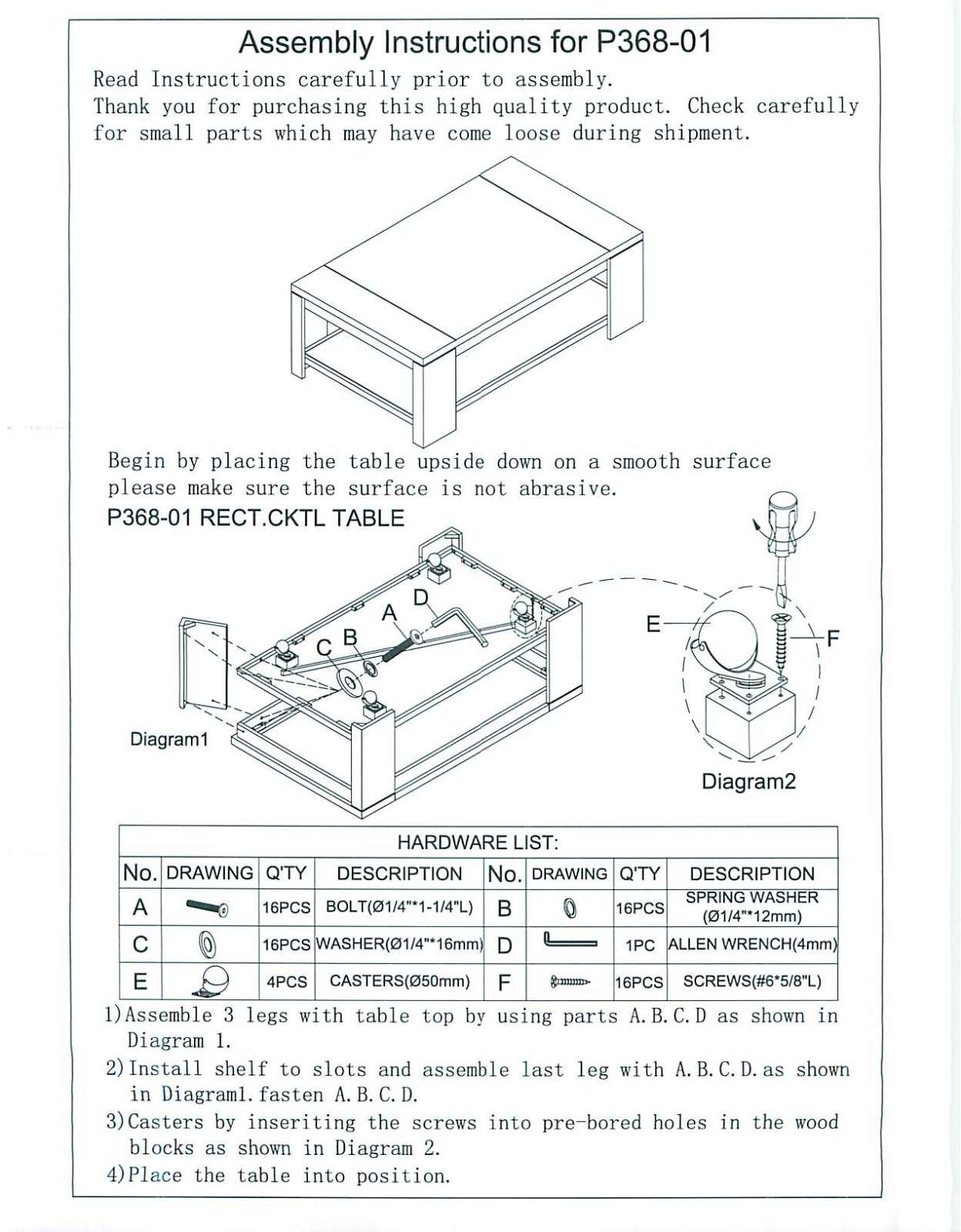 Progressive Furniture P36801 Assembly Guide